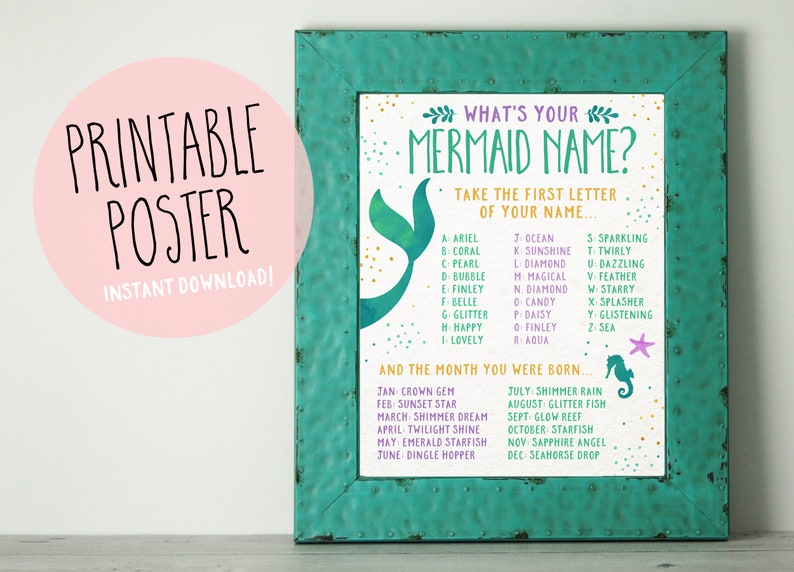 Mermaid Party Game, Printable What's Your Mermaid Name Game, Mermaid Birthday Party, Baby Shower, Mermaid Name Sign 8x10 INSTANT DOWNLOAD image 1