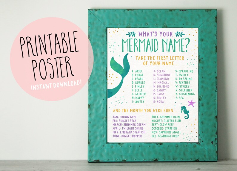 Mermaid Party Game, Printable What's Your Mermaid Name Game, Mermaid Birthday Party, Baby Shower, Mermaid Name Sign 8x10 INSTANT DOWNLOAD image 1