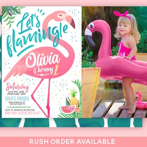 Flamingo invitation with picture. Flamingo Birthday Invitation. Tropical Party. Flamingo pool party. Lets Flamingle. First Birthday.