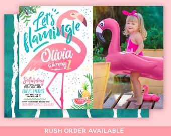 Flamingo invitation with picture. Flamingo Birthday Invitation. Tropical Party. Flamingo pool party. Lets Flamingle. First Birthday.
