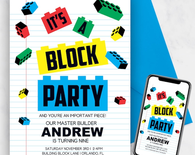 Block Party Invitation, 24 Hour Turnaround, Bricks Birthday Invitations | Kids Invitation | Invitations for Boys