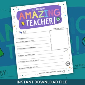 Teacher Appreciation Week Printable, Teacher Survey, Teacher Printable, Teacher Thank You, Teacher Coloring Page, All About My Teacher