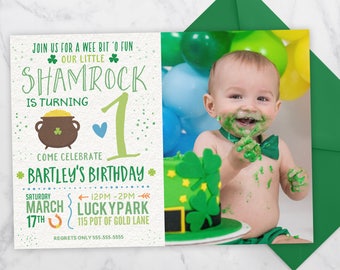 St. Patrick's Day Birthday Invitation, Little Shamrock Girl birthday Pink, St Patricks Day Party Invitations with picture