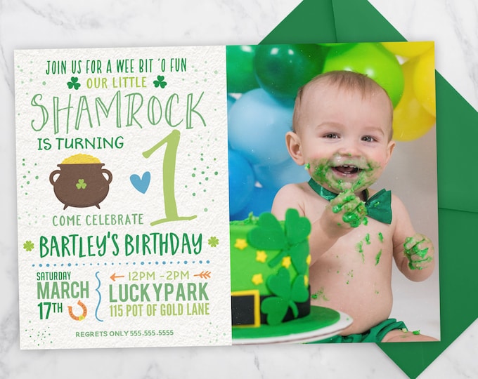 St. Patrick's Day Birthday Invitation, Little Shamrock Girl birthday Pink, St Patricks Day Party Invitations with picture