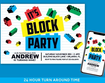 May include: A colorful invitation for a birthday party with a block party theme. The invitation features a blue, yellow, and red block design with the text "It's a Block Party". The invitation also includes the name "Andrew" and the text "Our Master Builder is turning nine!"