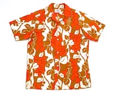 Ritz Honolulu Hawaii Shirt 1960s 1970s Vintage Hawaiian Floral Print Aloha Shirt Mens Small Medium Mod Orange Flowers Tropical Shirt Surfer
