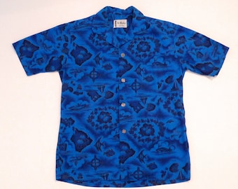 Hawaiian Shirt Vintage Dark blue Iolani Tiki Shirt Mens Medium Executive Aloha Shirt Honolulu Hawaii Luau Pool Party 1970s 1980s Deadstock