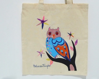 Rebecca Taylor Owl Tote - Vintage Toppers Natural Canvas Top Handle Bag /  Wise Owl with jeweled eyes