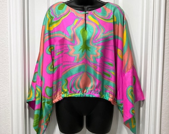 Mod Abstract Print Silk Blouse by Eddy George Vintage 1960s Dolman Kimono Sleeves / Elastic Waist / Size Large / Op Art Neon Colors