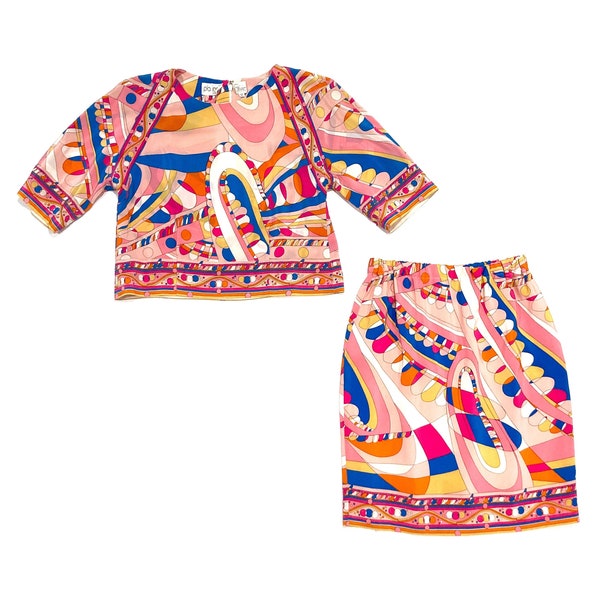 Pia Rucci Mod Top and skirt - 2pc Set Vintage 1980's Psychedelic Pink Blue & Gold Op Art Border Print / Size Small / Boxy Silk Top