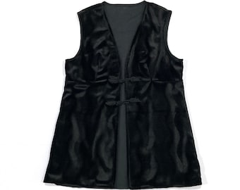 Black Faux Fur Tunic Vest 1980s 1990s / Vintage Mod Boho Hippie / Frog Closures Womens Size Medium / Retro Costume Party / Goth gothic