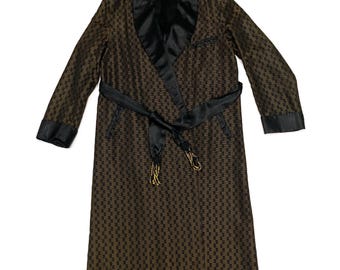 Vintage Robe and Belt, Lounge Wear - Black with Gold Stitching, Geometric Pattern - Vintage 1950's, Men's Size Medium to Large, Mid-Century