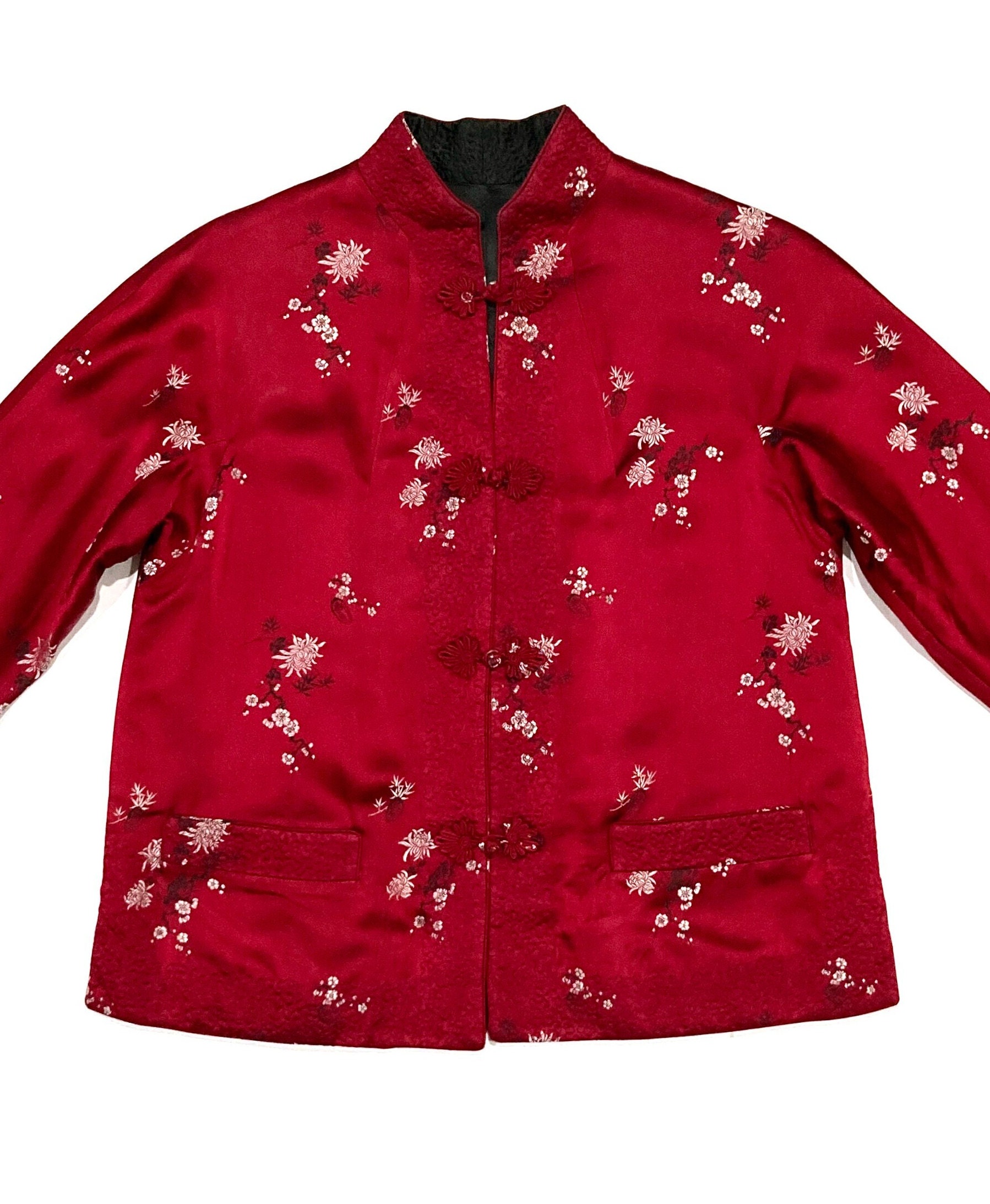Chinese Jacket Reversible - Red or Black Floral Tapestry - Vintage 