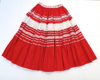 Red Patio Full Skirt 1950s 60s XS S - Southwestern Vintage Red White & Silver Rockabilly Western Skirt / Silver braid ribbon  / Swing Skirt
