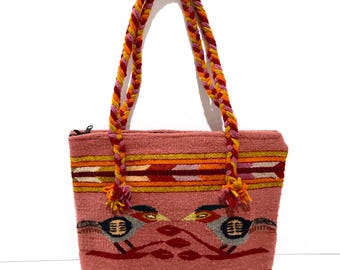 Mexican Pink Wool Bag with Birds Vintage 1990s Oaxaca Mexico Woven Textile Tote Bag - Crested Tropical Birds / Southwestern Wool "Rug" Purse