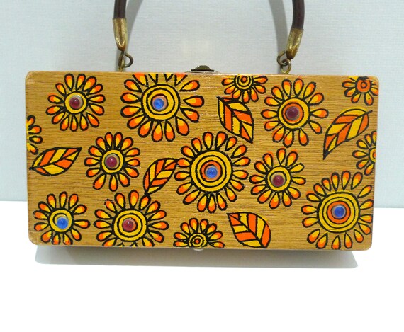 Gary Gail Box Bag - Mod Flowers 60s 70s Vintage Wooden Box Purse