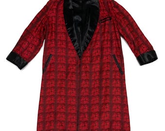 Vintage Red and Black Mens Robe / Geometric Pattern Smoking Jacket - Vintage 1950s, Size Medium to Large, Mid-Century Modern, Atomic Era