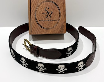 Smathers & Branson Pirate Skull and Crossbones Needlepoint Leather Belt, Wood Box - Vintage 2000's, Belt Size 36 Waist Goth, Punk and Preppy