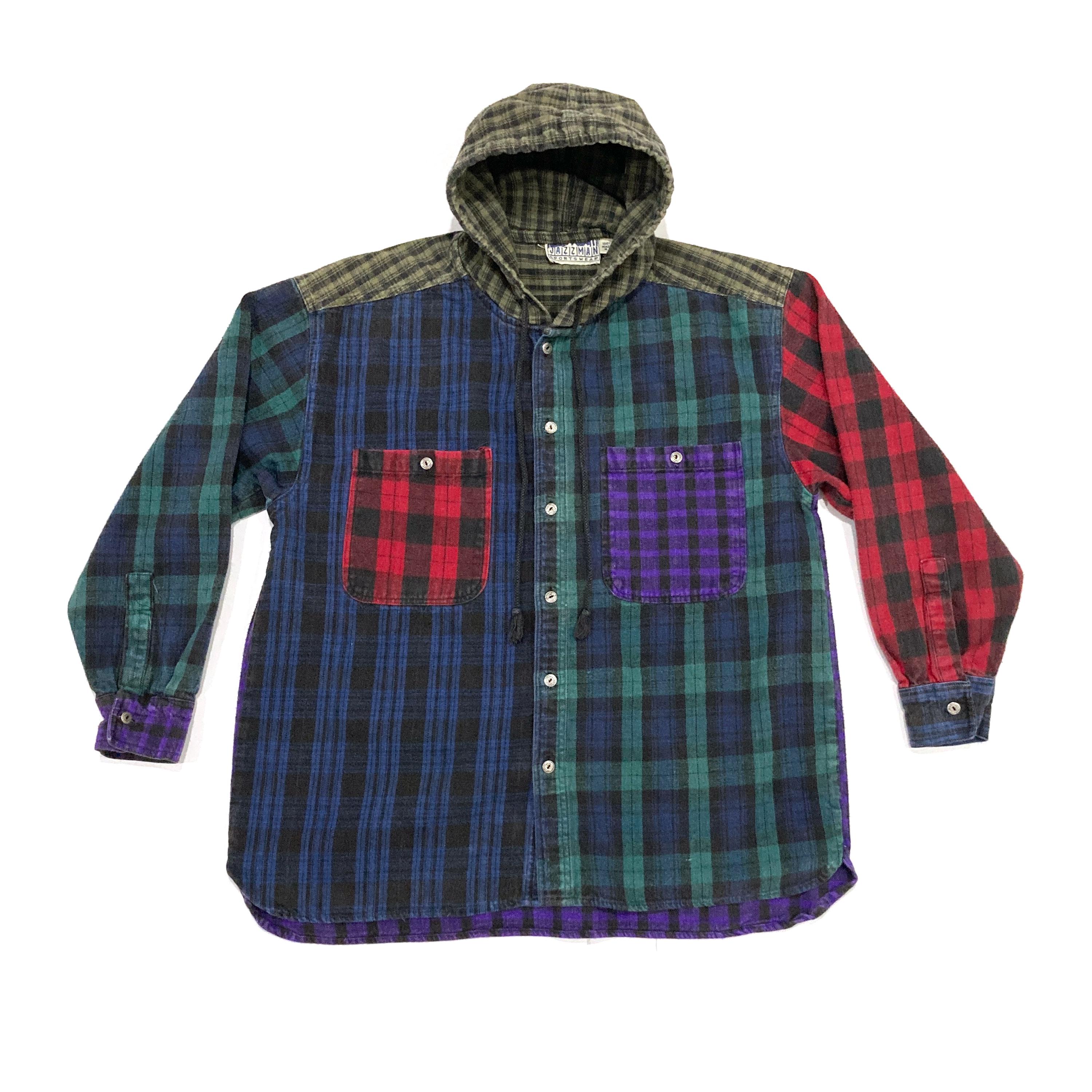 Flannel Hoodie Shirt Jacket Vintage 1990s Grunge Hip Hop Skater Button Front by Jazzman Sportswear Size M to L Plaid Patchwork Etsy