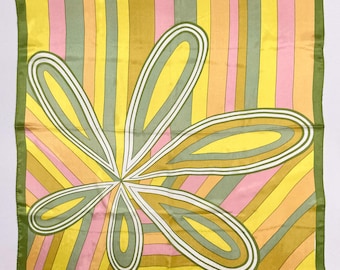 Pastel Mod Flower Scarf - Vintage 1960's Acetate - Women's Head and Neck Scarf / Made in Japan / Green, Gold, Yellow and Pink Striped Print
