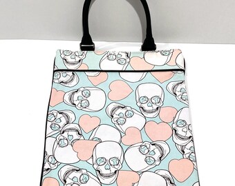 Skulls and Pink Hearts Tote Bag - Luella for Target 2005 - Canvas, Pastel Goth All Over Print, Oversized Shoulder Bag / Top Handled Handbag