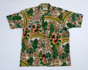 King Arthur Hawaiian Shirt with Rainbows and Palm Trees 70s Vintage Aloha Polynesian Shirt / Tiki Luau Party / Size L / Polyester / Korea