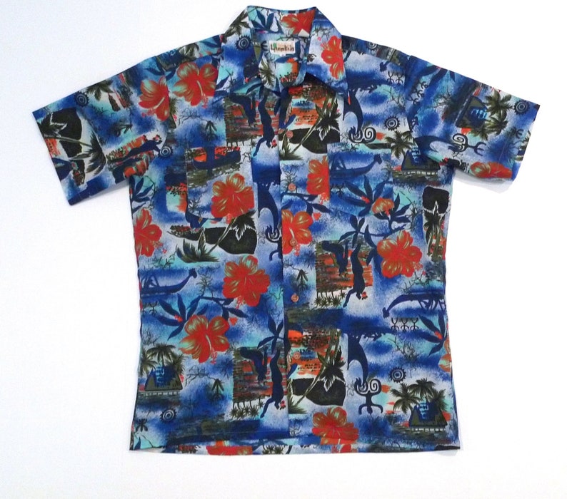 Hawaiian Shirt by Palm Tree of Branford 1970s 1980s Vintage Blue Aloha Shirt Size M Medium Abstract Tropical Luau Tiki Party Polynesian