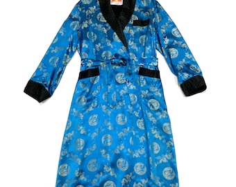 Chinese Dragon Robe and Belt Lounge Wear - Black & Blue, Gold Brocade / Tapestry - Vintage 1960's, Men's Size Large, Oriental Brand Shanghai