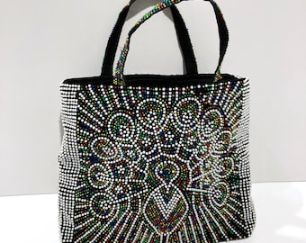 Beaded Peacock Purse - Vintage 1960s to 70's Mod Candy Dots - Plastic Beads Tote / Rainbow Multi Colors / Made in Hong Kong / Top Handle Bag