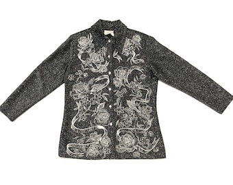 Black and Silver Floral Blouse - Vintage 1960's Metallic Polyester Knit with Flowers Top, Made Right in USA - Women's Size M - Rockabilly