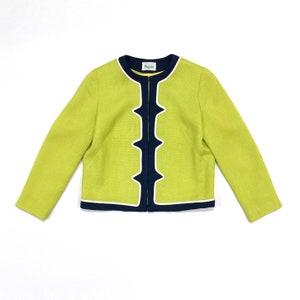 Mod Cropped Jacket by Majestic- Vintage 1960's Classic Open Front - Chartreuse with Dark Blue and White Trim - Women's Size Medium / Spring