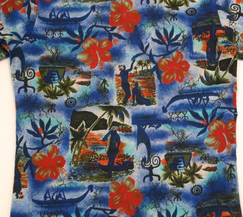 Hawaiian Shirt by Palm Tree of Branford 1970s 1980s Vintage Blue Aloha Shirt Size M Medium Abstract Tropical Luau Tiki Party Polynesian