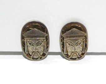 Clip On Earrings - Asian Motif 40s Vintage Man with Hat and Mustache Silver Tone Earrings / Mid Century / Statement Chunky