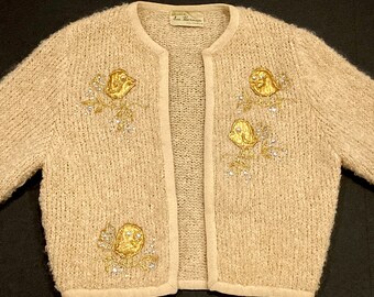 Gold Birds with Rhinestones Cropped Cardigan Sweater by Lee Herman of California - Vintage 1950s Size M -  Cute Songbird Metallic Appliqués