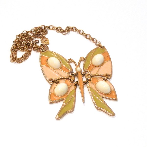 D&E Juliana Enamel Butterfly Necklace Vintage Large Articulated Pastel Butterfly 1970s Statement Jumbo Pendant Pastel Lepidoptera Statement