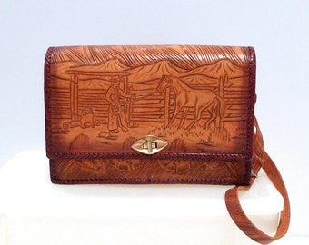Tooled Leather Bag with Horse Coral Scene 1960s Vintage Cowboy with his Horse Shoulder Purse / Ranch in the Mountains / Made in Mexico