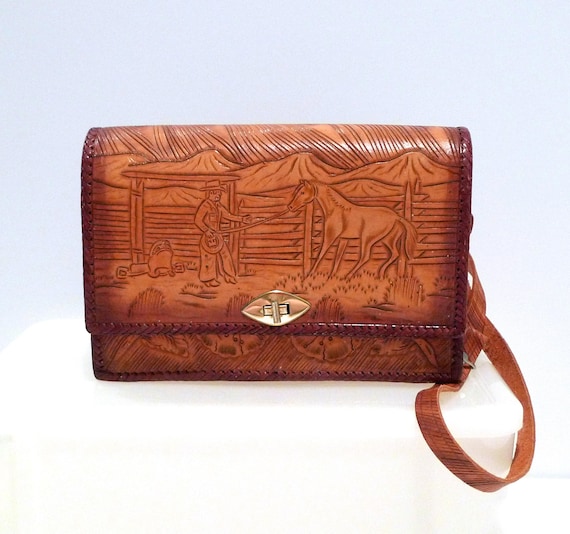 Tooled Leather Bag with Horse Corral Scene 1960s … - image 1