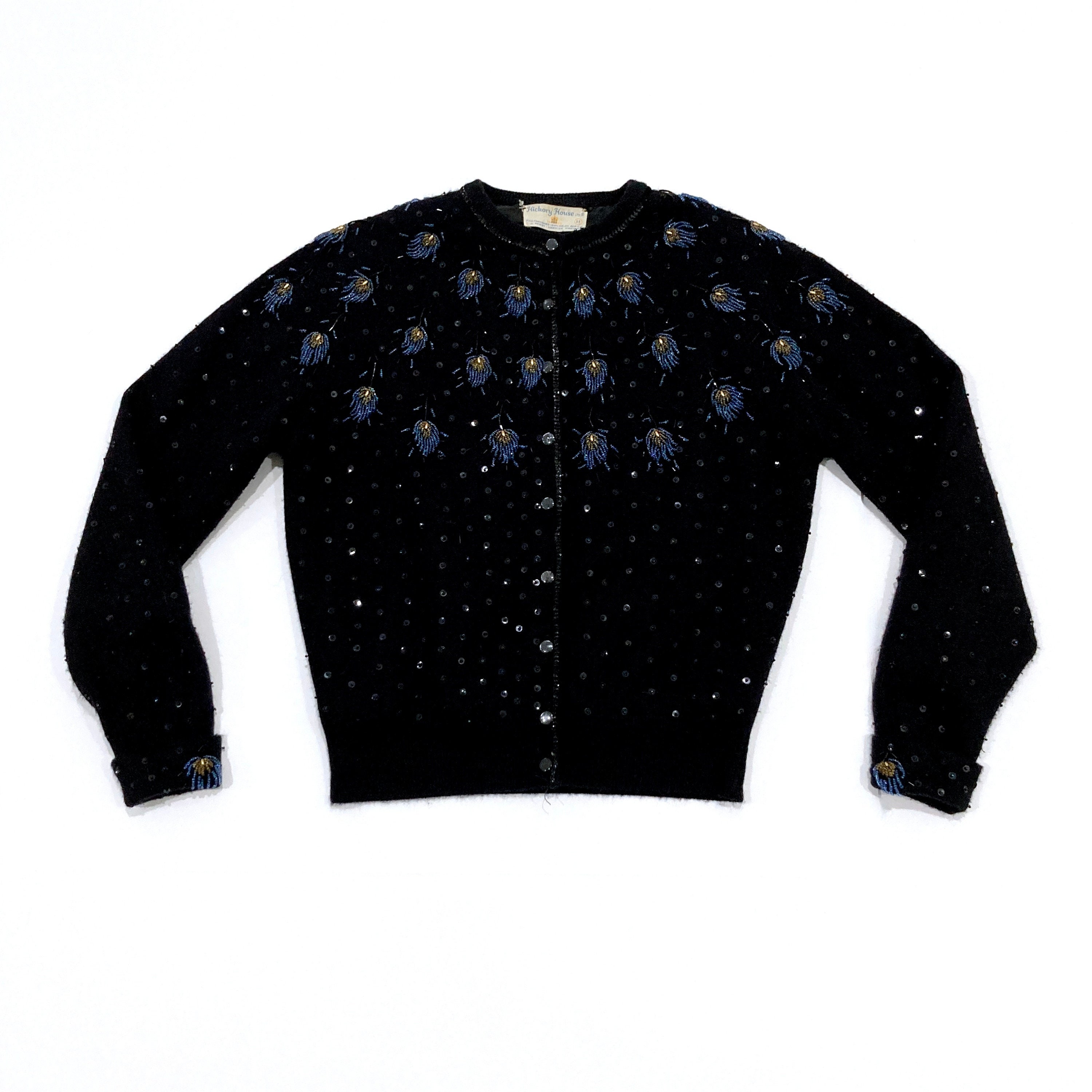 Peacock Feather Beaded Black Cardigan by Hickory House Vintage