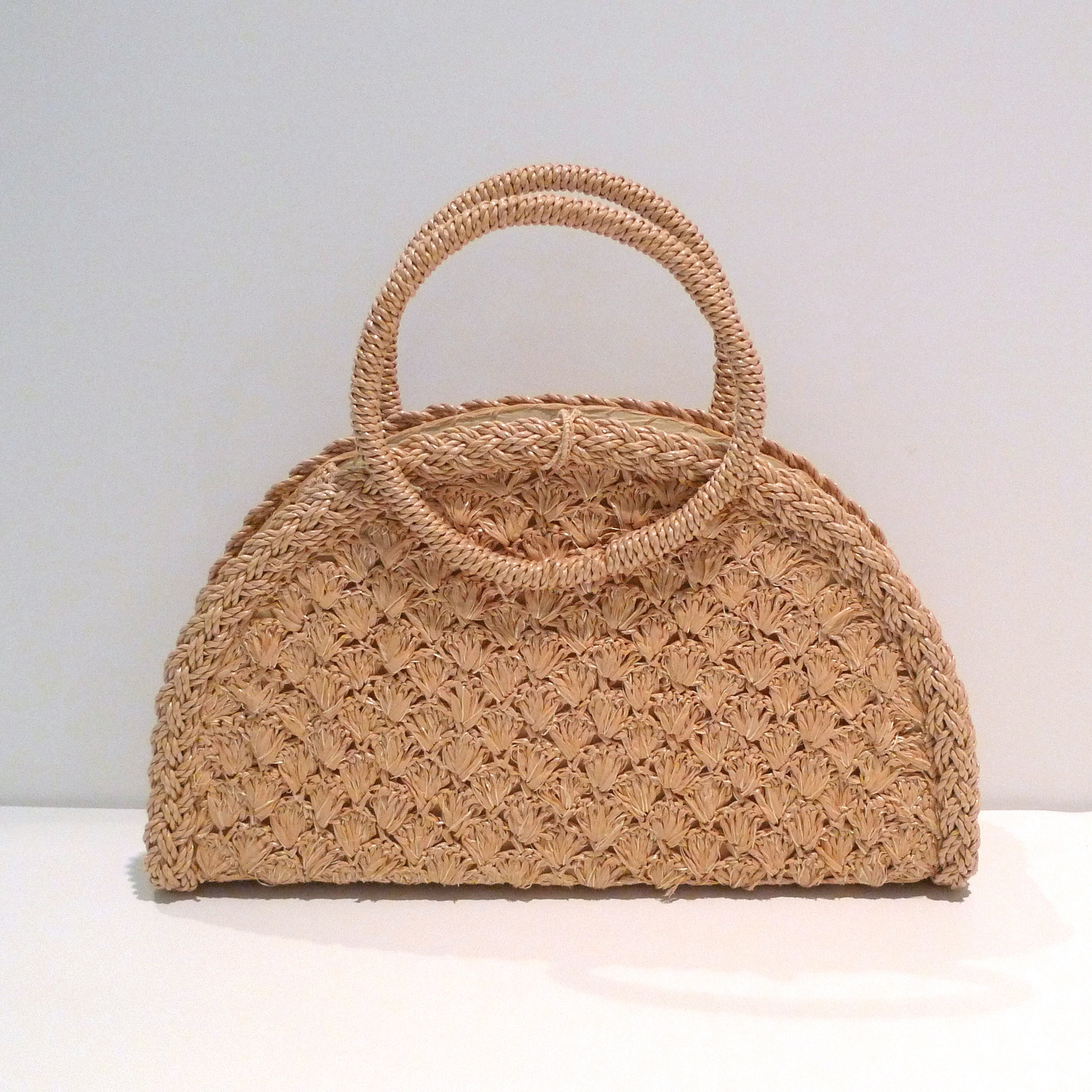 【日本入手困難】Raffia-effect woven handbag ハンドバッグ Raffia Handbag With Flowers and Shells 1950s 1960s Made in