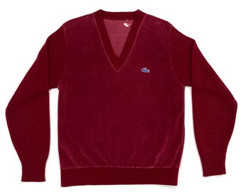 Izod Lacoste V Neck Sweater - Vintage 1970's - Dark Red Velour, Blue Alligator Crocodile Logo, Knit Arms, Preppy Pullover, Men's Size Medium