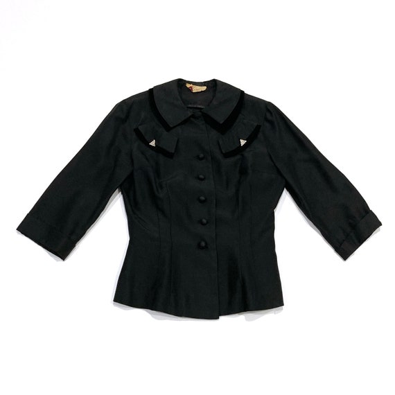 Black Fitted Jacket 1950s with Rhinestone Accents… - image 1
