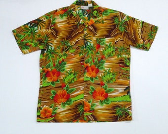 Kings Road Hawaiian Shirt 70s Vintage Aloha Shirt / Brown Tropical Flowers Hibiscus Shirt / Polynesian Luau Tiki Party Shirt / Palm Trees