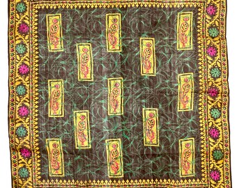 Indian Peacock Scarf - Vintage 1990's Women's Head & Neck Wear, Green, Yellow and Brown, Floral Border, Lightweight Fabric, Beautiful Birds