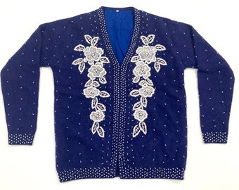 Beaded Cardigan Sweater - Vintage 1950's, Women's Size S to M - Blue with White Flowers - Sequins, Beads and Pearls Embellishments / Lined