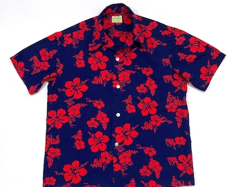 Reserved -- Ui Maikai Hawaiian Shirt 1960's / Vintage Blue and Red Hibiscus Flowers Tropical Shirt / Made in Hawaii / Mens Large L