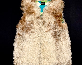 Curly Lamb Vest by Jonas Brothers of Denver, Colorado - Vintage 1960's Boho Hippie / Cream and Tan Real Fur / Mod Lining / Womens Size Small