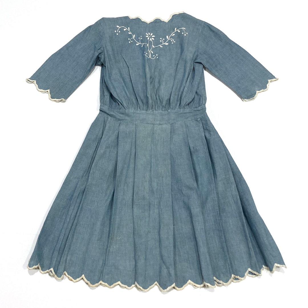 Sequnece Embroidered Chambray Cotton Long Shirt Dress with Side Slit main image 0