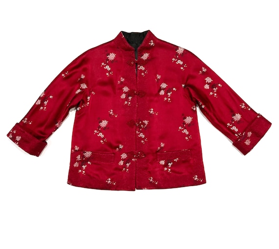 Chinese Jacket Reversible - Red or Black Floral Tapestry - Vintage