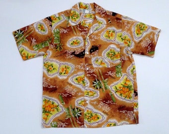 Hukilau Fashions Hawaiian Shirt 1970s -- Tiki Statues Vintage Aloha Polynesian Islands Shirt / Luau Tiki Party / Polyester / Size L Large