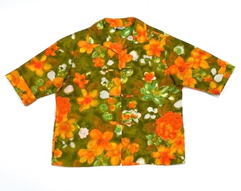 Hawaiian Shirt (Womens) - Dael's Casuals of Honolulu Hawaii Blouse - Vintage 60s Womens Size M, Orange & Green Flowers Top / Frog Closures